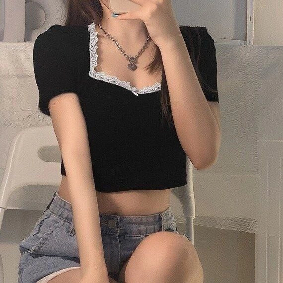 Square Neck Lace Bow Crop Top