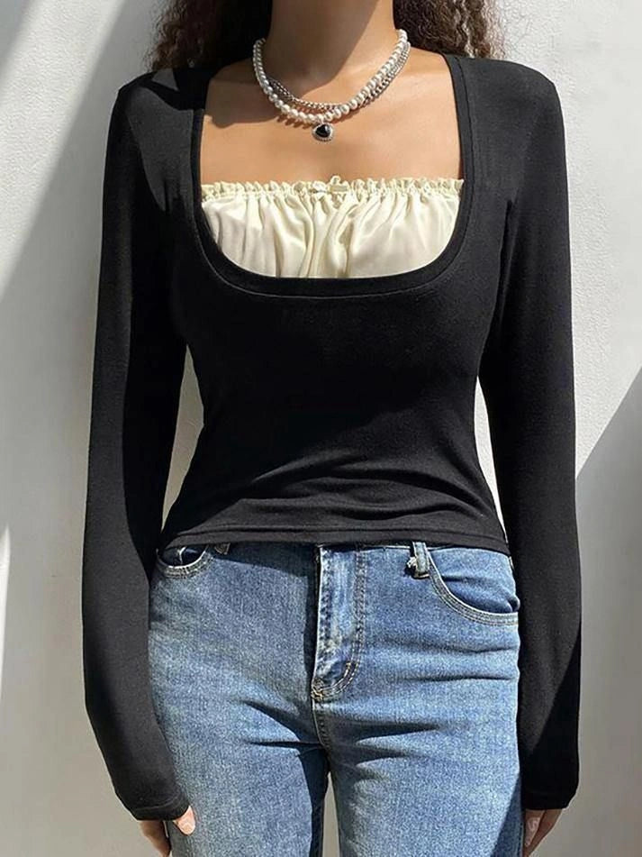 Vintage Square Neck Patchwork Blouse