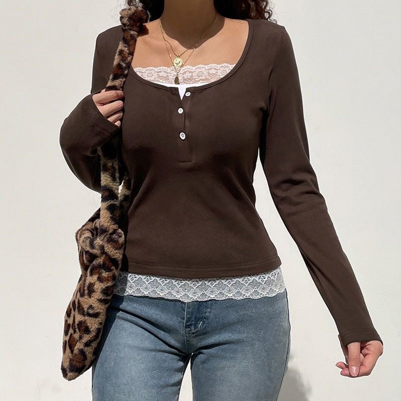 Scoop neck Lace Henley top