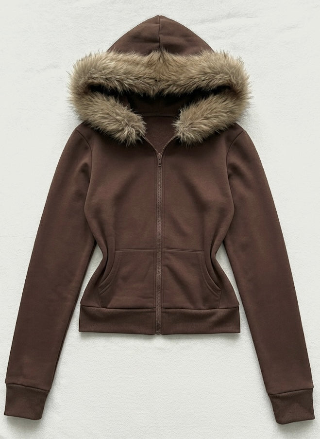 Faux Fur Hoodie - Brown