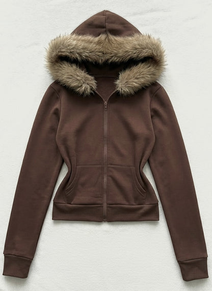 Faux Fur Hoodie - Brown