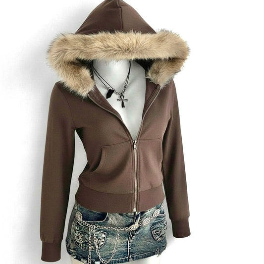 Faux Fur Hoodie - Brown