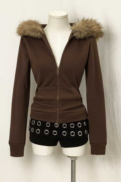 Faux Fur Hoodie - Brown