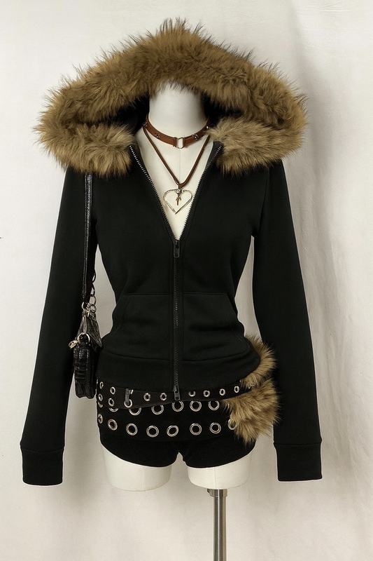 Faux Fur Hoodie - Black