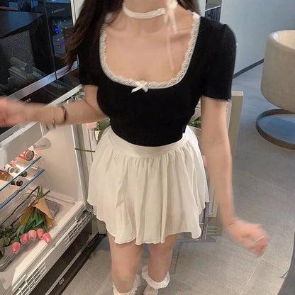 Square Neck Lace Bow Crop Top